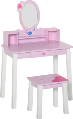 Produktbild von HOMCOM Kinder-Schminktisch mit Hocker und Prinzessinnen-Spiegel, rosa Schminktisch aus Holz, Spielzeug für Mädchen, 60 x 34 x 93 cm