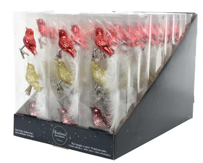Produktbild von Christbaumschmuck Glas Vögel auf Clip 8cm 3er Set Gold / Rot Mix