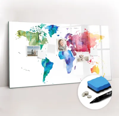 Produktbild von Magnetpinnwand Memoboard - Zubehörsatz - Schwarzer Marker + Schwamm + Magnete - 120 x 60 cm - Aquarell-Weltkarte