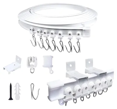 Produktbild von 5 m Vorhangschiene zur Wandmontage mit 40 Haken, flexible Gardinenschiene, gebogen, Wandschiene für Duschvorhangstange, Raumteiler, Vorhangschienensystem mit Wandhalterung, Weiß