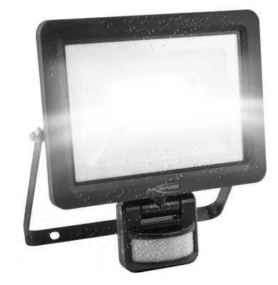 A black LED floodlight with a motion sensor attached, shown against a white background. The floodlight has water droplets on its surface.