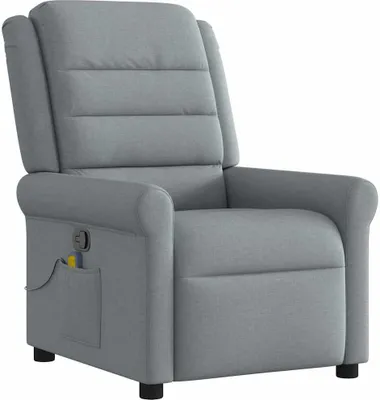 A light gray fabric massage recliner chair is shown against a white background.