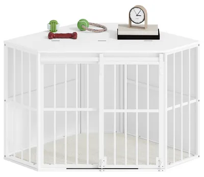 Image de Cage d'angle pour chien avec coussin - Meuble en bois pour chien d'intérieur - Cage/niches pour chien - Motif « porte de grange » - Pour chiens de petite et moyenne taille - Blanc