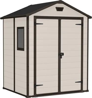 A beige and brown plastic garden shed with a black roof.