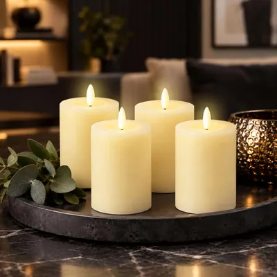 Obrázok produktu pre Sada 4 LED adventných sviecok, krémová farba, s časovačom a efektom plameňa - 9 x 7 cm - Umelé sviečky, teplá biela farba, napájanie na batérie