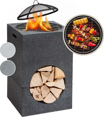 Produktbild von Blumfeldt Feuerschale, Tragbare Feuerstelle Outdoor, Feuerschalen für den Garten, Terrasse & Camping, Feuerschale mit Grillrost & Holzlagerfach, Sichere Stahlschale, Feuerstelle 50 x 75 x 50 cm