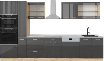 Produktbild von Küchenzeile Vicco R-Line Anthrazit Hochglanz/Goldkraft Eiche 350 cm mit Hochschrank, AP Marmor, Model 49470