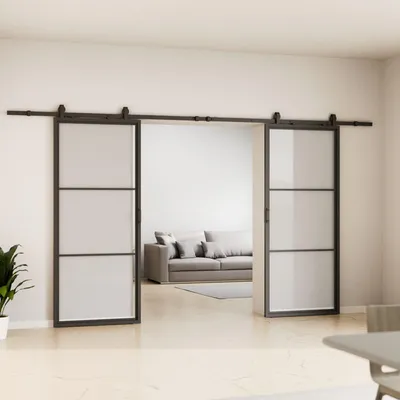 Produktbild von Loftschiebetür 2-flügelig, Stahl schwarz mit Klarglas Einsatz, 2050x2200 mm, Komplettset, offene Laufschiene, Softclose
