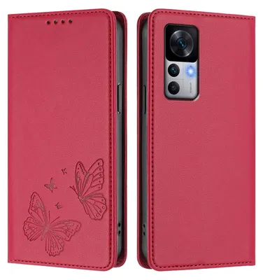 Produktbild von Lederhülle für Xiaomi 12T /Xiaomi 12T Pro, Schmetterling Prägung Leder Brieftasche Schutzhülle mit Ständer Rot