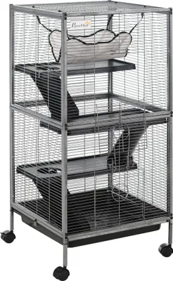 Image de PawHut Cage pour Petits Animaux Portable à 4 Niveaux Cage Chinchilla Cage Furet avec Roulettes, 2 Portes, 3 Rampes, Hamac et Plateau Amovible, 52 x 52 x 113,5 cm Gris