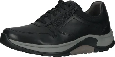 A black leather sneaker with a gray sole is shown from the side against a white background.