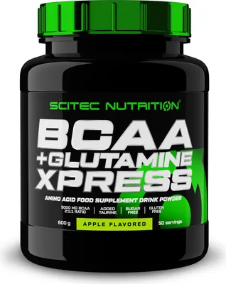 A black plastic container of Scitec Nutrition BCAA + Glutamine Xpress drink powder, apple flavored.