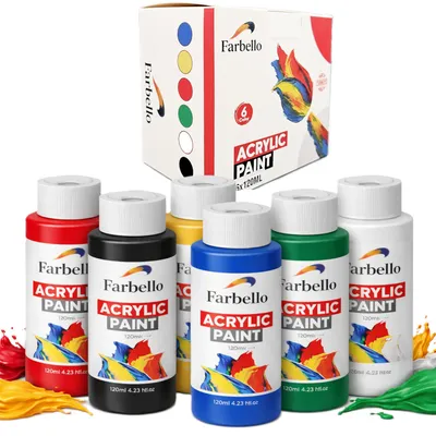 Produktbild von FARBELLO Acrylfarben Set 6x100 ml-Hochpigmentierte, wasserfeste Künstlerfarben für Leinwand, Holz, Stein, Papier, Metall–Leuchtende Malfarbe (6 Farbe)