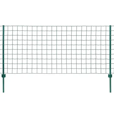 A green metal fence with a grid pattern, supported by two green posts on either side, set against a white background.