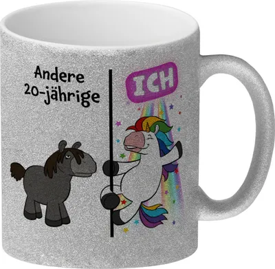 Produktbild von 20. Geburtstag Glitzer-Kaffeebecher mit lustigem Spruch: Einhorn