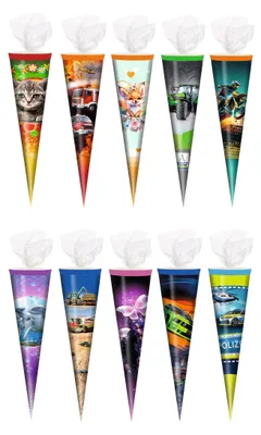 Produktbild von 10x Schultüte / Zuckertüte / 35cm / mit Tüllverschluß / 10 Motive sortiert