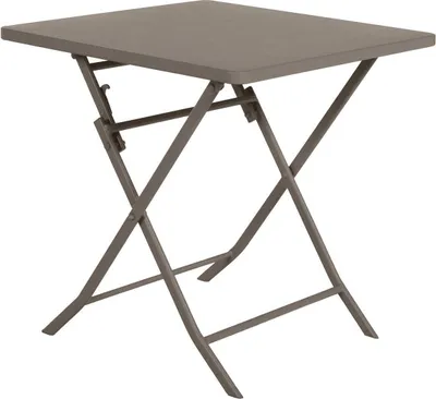 A square folding garden table with a metal frame.