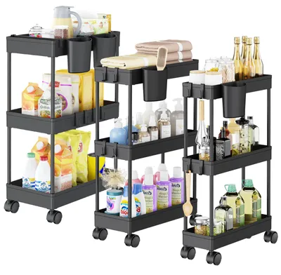 Produktbild von Aufbewahrungswagen mit 3 Ebenen und Rollen, platzsparend, schmal, mobiler Badwagen, minimalistischer Multifunktionswagen für Bad und Küche, schwarz