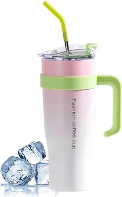 Produktbild von Famanu Kaffeebecher 1,2L - Doppelwandige Edelstahl-Isolierkanne mit Handgriff und Strohhalm
