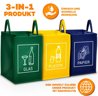 Three recycling bags in green, yellow, and blue, each with a symbol and text indicating what type of waste it is for.