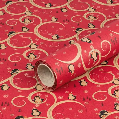 Image de Papier cadeau pour Noël, pingouins rigolos, rouge, 0,70 x 10 m