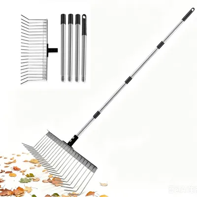 Imagen del producto de Rastrillo de hojas con mango de acero inoxidable de 160 cm, 21 dientes, cabeza de rastrillo de 40 cm de ancho, ideal para jardín y césped