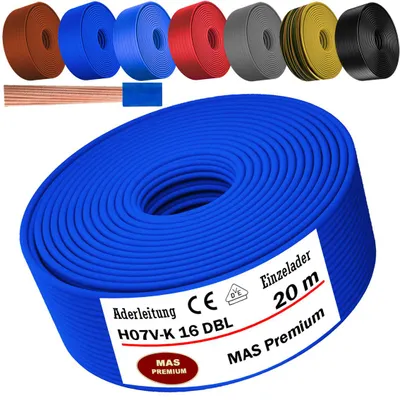 Image de Câble d'alimentation de 20 mètres, type H07 V-K DBL, section 1x16 mm², de couleur bleu foncé, monoconducteur, flexible