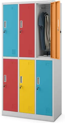 Imagen del producto de Armario metálico, armario individual con 6 compartimentos, con cerradura | Armario para personal con 6 compartimentos con cerradura, barra para colgar, ventilación, soportes para placas de identificación, montaje en pared, 185 x 90 x 45 cm