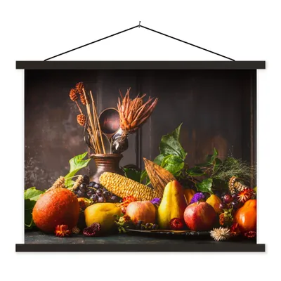 Produktbild von MuchoWow® Textilposter Gemüse - Obst - Rustikal - Tisch 150x113 cm mit schwarzem Rahmen - Wohnzimmer