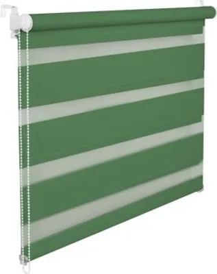 A green and white striped roller blind is shown against a white background.