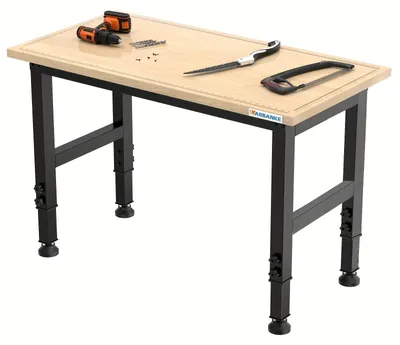 Productafbeelding van Werkbank 120 cm - Verstelbare houten werktafel met meetlijnen, wielen en 900 kg draagvermogen