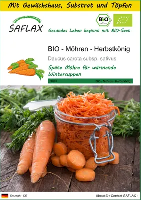 Produktbild von SAFLAX Anzucht Set - BIO - Möhren - Herbstkönig - Daucus carota subsp. sativus - 1000 Samen - Mit Mini-Gewächshaus, Anzuchtsubstrat und 2 Töpfen