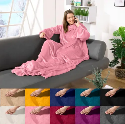 Obrázek produktu pro heimtexland ® Rukávová přikrývka TV útulná přikrývka s rukávy kapsy nánožník super měkká flanelová nositelná přikrývka celotělová přikrývka typ870 růžová 180x150 cm