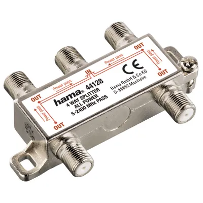 Produktbild von Hama SAT Distributor, 4 Way, Fully Shielded, Kabelsplitter, 2 - 2300 MHz, Silber, Metall, 230 mm, 90 mm