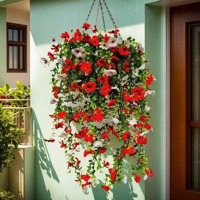 Image de 4 plantes artificielles avec des fleurs en soie et du eucalyptus, idéales pour l'extérieur