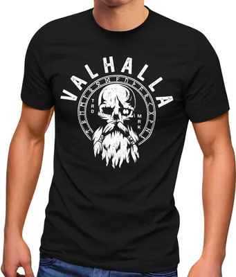 Produktbild von Herren T-Shirt Valhalla Totenkopf Odin Runen Wikinger Fashion Streetstyle Neverless®  schwarz 5XL