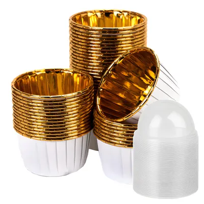 Produktbild von Muffinförmchen 40×50 mm – Weiß-Gold – 50 Stück mit Deckeln – Backformen – Fettresistent – Elegant
