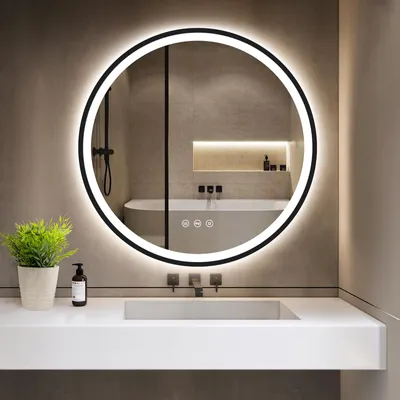 Produktbild von GIMBELEN LED Runder Badspiegel mit Beleuchtung, 3 Lichtfarben, Dimmbar, Antibeschlag, Energiesparend,  Touch-Schalter und Speicherfunktion, LED