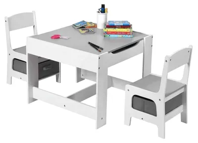 Immagine prodotto di Tavolo per bambini con sedie, utilizzabile da entrambi i lati, con lavagna nera, 2-in-1 per giocare e riporre oggetti, BIANCO/GRIGIO