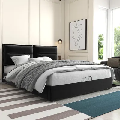 Immagine prodotto di MODFU Letto imbottito 140x200cm Letto funzionale idraulico con testata regolabile e contenitore, struttura in metallo a doghe, letto matrimoniale in velluto (senza materasso), nero