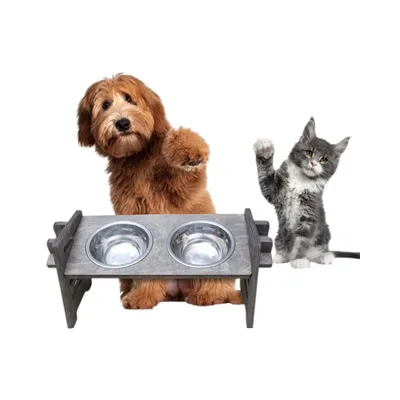 Produktbild von Futterstation aus Holz in Grau | höhenverstellbar | Erhöhter Futternapf für Hund und Katze