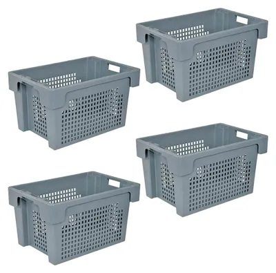 Produktbild von 4 Drehstapelbehälter, 600x400x350 mm, 60 Liter, grau, durchbrochener Boden und Wände