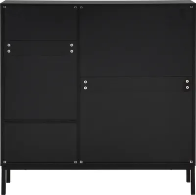 A black shoe cabinet with multiple compartments and a metal frame, shown from the front against a white background.