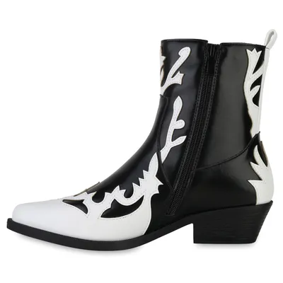 Produktbild von VAN HILL Damen Cowboy Boots Stiefeletten Spitze Schuhe 840899, Farbe: Weiß Schwarz, Größe: 36