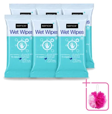 Image de 6 paquets de lingettes Sence pour les mains et le visage - 15 lingettes par paquet - Pack économique - 6 pièces