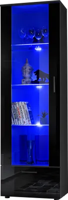 Produktbild von Komodee, Vitrine Schrank Alessandria, Schwarz/Schwarz, Breite 60cm x Höhe 192cm x Tiefe 42cm, 3 Glasböden, 1 Regal aus laminierter Platte, für Wohnzimmer, Schlafzimmer, LED Blau
