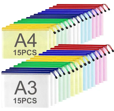Produktbild von Dokumententaschen A3 A4 Reißverschluss 30 Stück Wasserdicht PVC Mesh 6 Farben