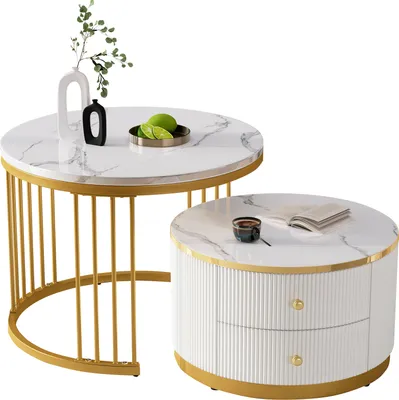 Produktbild von Abrihome Couchtisch 2er Set Sofatisch, Satztisch mit Marmormuster und Metallrahmen, Gold