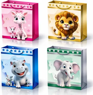 Immagine prodotto di RHP Sacchetti regalo confezione da 12 – Sacchetti regalo per bambini con motivi animali – 23x18x10 cm – 4 modelli – Sacchetti regalo resistenti con cordoncino in tinta – Effetto 3D – Media