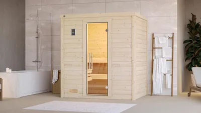 Produktbild von weka Premium Massivholz-Sauna BERGEN Gr. 1 Sparset 7,5 kW BioS inkl. digitaler Steuerung, Glastür x B x T x H x 196 x 145 x 205